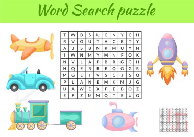 Oyun, resimli çocuklar için hayvanların kelime araması yapbozu şablonu. Çocuk aktivitesi çalışma tablosu basılabilir versiyonu. İngilizce kelime eğitimi için eğitici bir oyun. Cevapları da içeriyor. Vektör stok illüstrasyonu