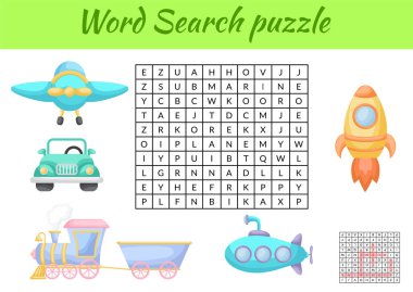 Oyun, resimli çocuklar için hayvanların kelime araması yapbozu şablonu. Çocuk aktivitesi çalışma tablosu basılabilir versiyonu. İngilizce kelime eğitimi için eğitici bir oyun. Cevapları da içeriyor. Vektör stok illüstrasyonu