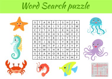 Oyun, resimli çocuklar için hayvanların kelime araması yapbozu şablonu. Çocuk aktivitesi çalışma tablosu basılabilir versiyonu. İngilizce kelime eğitimi için eğitici bir oyun. Cevapları da içeriyor. Vektör stok illüstrasyonu