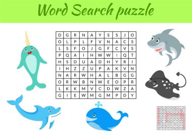 Oyun, resimli çocuklar için hayvanların kelime araması yapbozu şablonu. Çocuk aktivitesi çalışma tablosu basılabilir versiyonu. İngilizce kelime eğitimi için eğitici bir oyun. Cevapları da içeriyor. Vektör stok illüstrasyonu