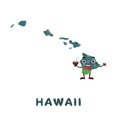 Tatlı çizgi film Hawaii eyalet karakteri Clipart. Hawaii eyaletinin resmi haritasında eyalet adı var. Çocuk oyunları, çıkartmalar, kartlar, posterler için komik karakter tasarımı. Vektör stok illüstrasyonu.