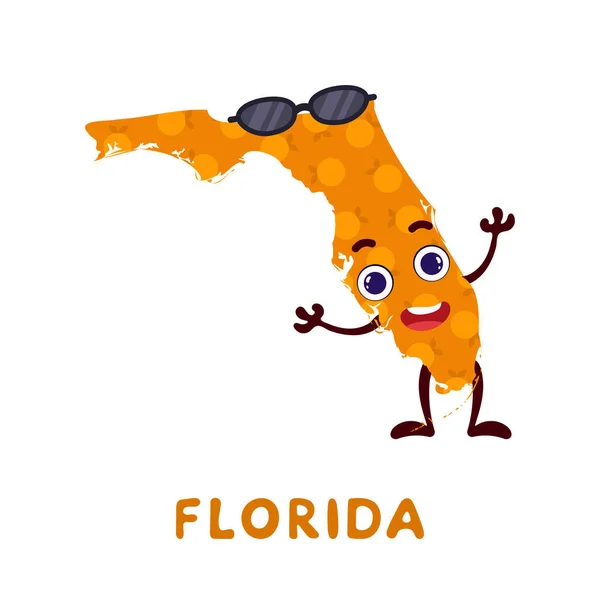 Netter Cartoon Florida State Charakter Cliparts Illustrierte Landkarte Des Bundesstaates — Stockvektor
