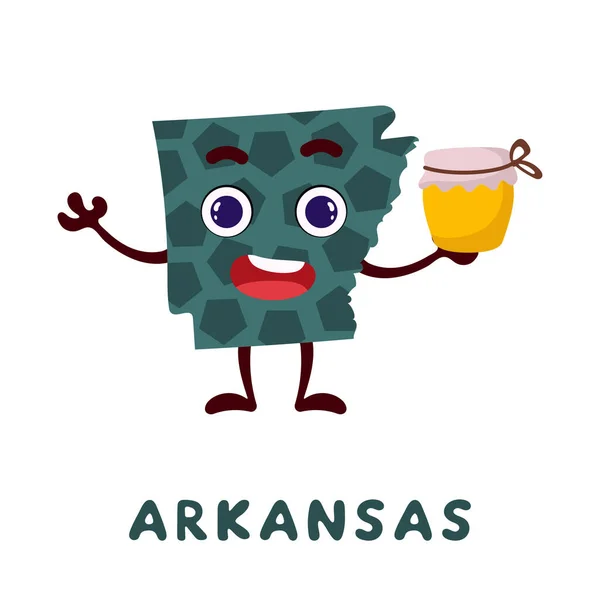 Netter Cartoon Arkansas State Charakter Cliparts Illustrierte Landkarte Des Bundesstaates — Stockvektor