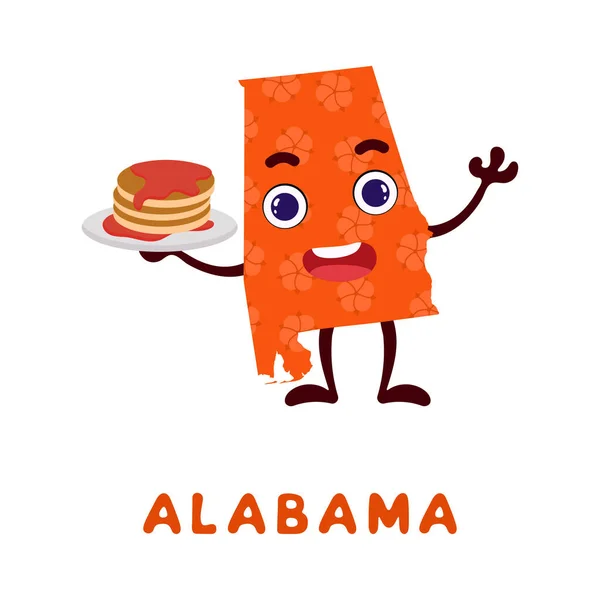 Netter Cartoon Alabama State Charakter Cliparts Illustrierte Landkarte Des Bundesstaates — Stockvektor