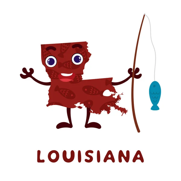 Netter Cartoon Louisiana State Charakter Cliparts Illustrierte Landkarte Des Bundesstaates — Stockvektor
