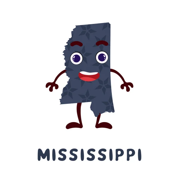 Netter Cartoon Mississippi State Charakter Cliparts Illustrierte Landkarte Des Bundesstaates — Stockvektor
