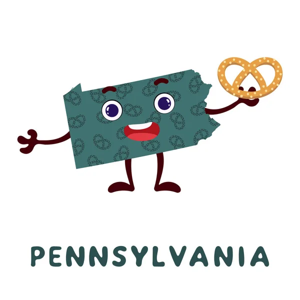 Netter Cartoon Pennsylvania State Charakter Cliparts Illustrierte Landkarte Des Bundesstaates — Stockvektor