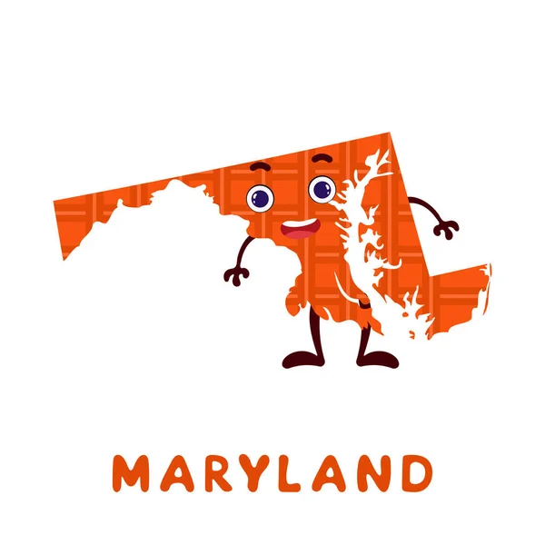Mignon Dessin Animé Maryland État Personnage Clipart Carte Illustrée État — Image vectorielle