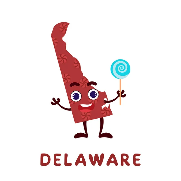 Netter Cartoon Delaware Staat Charakter Cliparts Illustrierte Landkarte Des Bundesstaates — Stockvektor