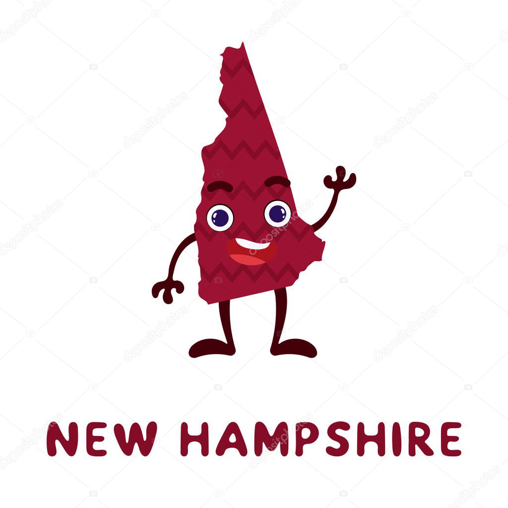 Cute cartoon New Hampshire state character clipart. Illustrated map of state of New Hampshire of USA with state name. Funny character design for kids game, sticker, cards, poster. Vector illustration
