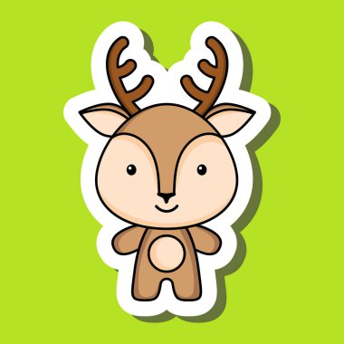 Sevimli çizgi film çıkartması, küçük geyik. Çocuk kartları, bebek partisi, posterler, doğum günü davetiyesi, kıyafetler için maskot hayvan karakter tasarımı. Çizgi film tarzında renkli çocuksu vektör çizimi.