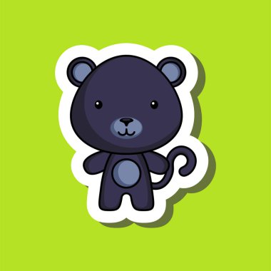 Şirin bir karikatür çıkartması, küçük panter. Çocuk kartları, bebek partisi, posterler, doğum günü davetiyesi, kıyafetler için maskot hayvan karakter tasarımı. Çizgi film tarzında renkli çocuksu vektör çizimi.