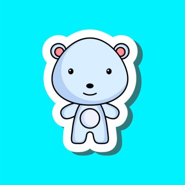 Sevimli çizgi film çıkartması, küçük kutup ayısı. Çocuk kartları, bebek partisi, posterler, doğum günü davetiyesi, kıyafetler için maskot hayvan karakter tasarımı. Çizgi film tarzında renkli çocuksu vektör çizimi.