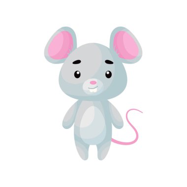 Beyaz arka planda şirin bir fare. Çocuk kartları için çizgi film karakteri, bebek partisi, posterler, doğum günü davetiyesi, kıyafetler. Karikatür biçiminde parlak renkli çocuksu vektör çizimi.