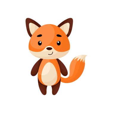 Beyaz arka planda şirin bir tilki. Çocuk kartları için çizgi film karakteri, bebek partisi, posterler, doğum günü davetiyesi, kıyafetler. Karikatür biçiminde parlak renkli çocuksu vektör çizimi.