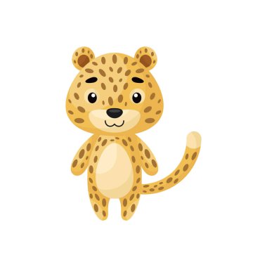 Beyaz arka planda şirin bir çita. Çocuk kartları için çizgi film karakteri, bebek partisi, posterler, doğum günü davetiyesi, kıyafetler. Karikatür biçiminde parlak renkli çocuksu vektör çizimi.