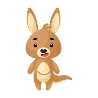 Beyaz arka planda şirin bir kanguru. Çocuk kartları için çizgi film karakteri, bebek partisi, posterler, doğum günü davetiyesi, kıyafetler. Karikatür biçiminde parlak renkli çocuksu vektör çizimi.