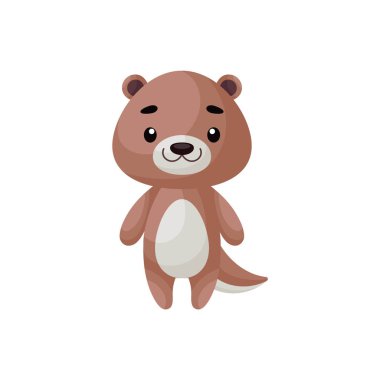 Beyaz arka planda şirin bir su samuru. Çocuk kartları için çizgi film karakteri, bebek partisi, posterler, doğum günü davetiyesi, kıyafetler. Karikatür biçiminde parlak renkli çocuksu vektör çizimi.