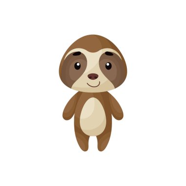 Beyaz arka planda şirin bir tembel hayvan. Çocuk kartları için çizgi film karakteri, bebek partisi, posterler, doğum günü davetiyesi, kıyafetler. Karikatür biçiminde parlak renkli çocuksu vektör çizimi.