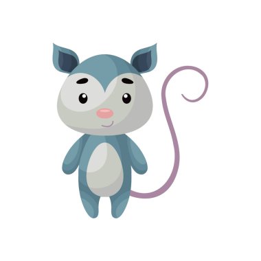 Beyaz arka planda sevimli bir keseli sıçan. Çocuk kartları için çizgi film karakteri, bebek partisi, posterler, doğum günü davetiyesi, kıyafetler. Karikatür biçiminde parlak renkli çocuksu vektör çizimi.