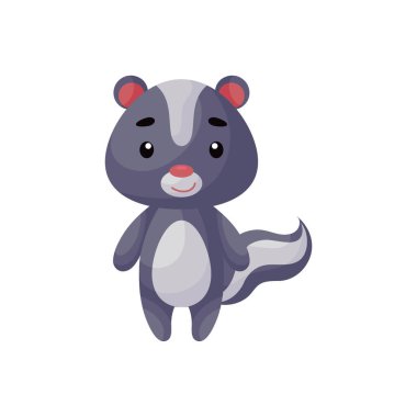 Beyaz arka planda şirin bir kokarca. Çocuk kartları için çizgi film karakteri, bebek partisi, posterler, doğum günü davetiyesi, kıyafetler. Karikatür biçiminde parlak renkli çocuksu vektör çizimi.