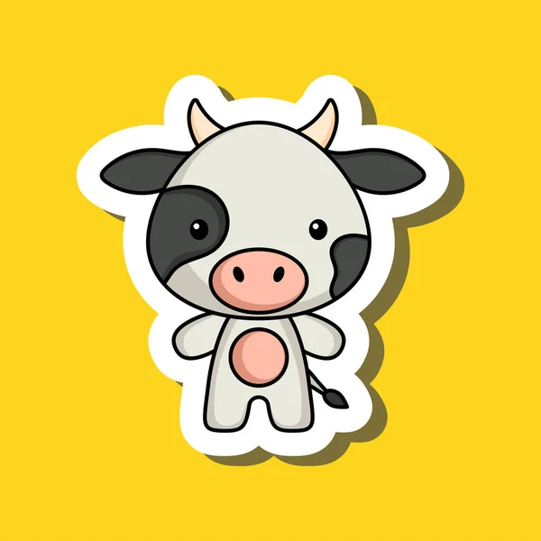 Bonita Etiqueta Dibujos Animados Pequeña Vaca Diseño Carácter Animal Mascota — Vector de stock