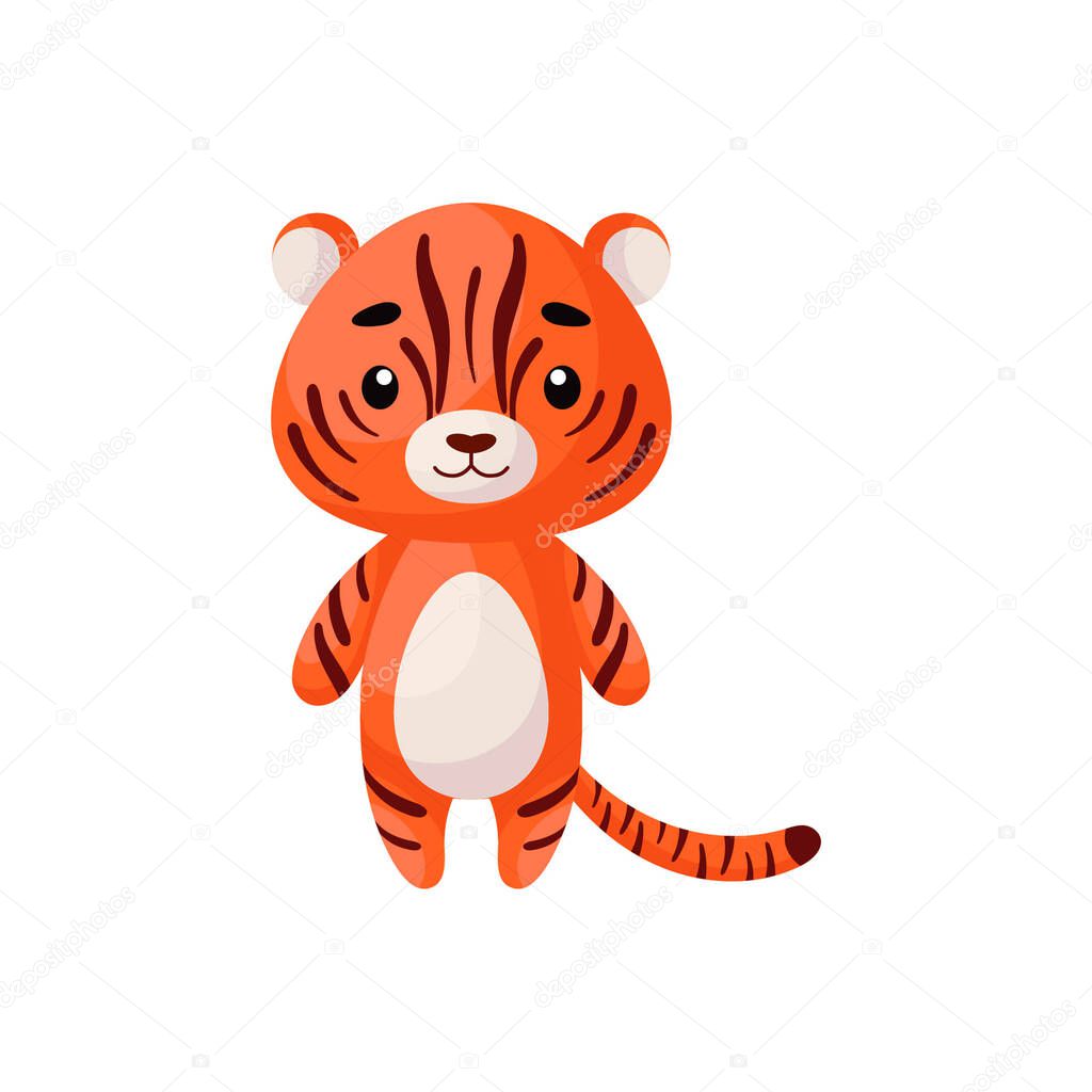 Cute little tiger on white background. Cartoon animal character for kids cards, baby shower, posters, b-day invitation, clothes. Bright colored childish vector illustration in ecartoon style.