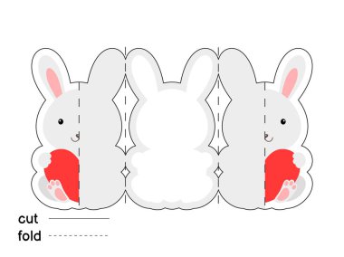 Sevimli tavşan kalbini tutar. Uzun tebrik kartı şablonunu katla. Sevgililer Günü için harika, doğum günleri için, bebek duşları için. Yazdırılabilir renk şeması. Yazdır, kes, katla. Renkli vektör stok illüstrasyonu.
