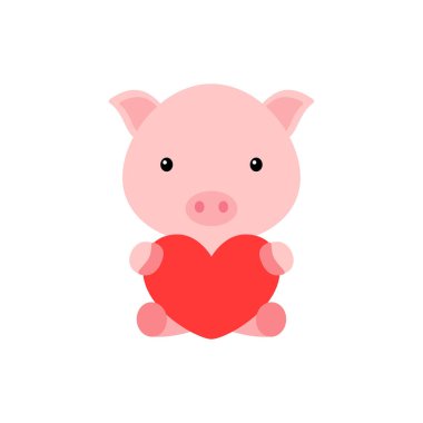 Beyaz arka planda kalbi olan sevimli, komik bir domuz. Sevgililer Günü 'nde tebrik etmek için çizgi film karakteri, tebrik kartı, davetiye, duvar dekoru, çıkartma. Renkli vektör stok illüstrasyonu.