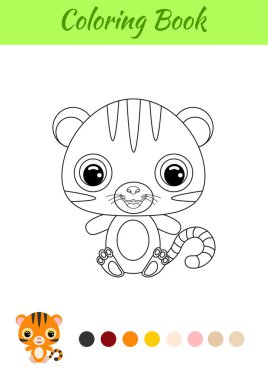 Boyama kitabı küçük bebek kaplan oturuyor. Çocuklar için boyama sayfası. Anaokulu yılları için eğitici aktiviteler çocuklar ve şirin hayvanlı bebekler. Siyah ve beyaz vektör stok çizimi.