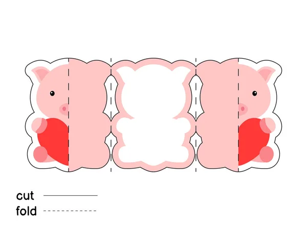 Niedliches Schwein Hält Herz Falten Sie Lange Grußkarten Vorlage Ideal — Stockvektor