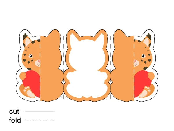 Cute Lynx Hold Heart Fold Long Greeting Card Template Great — Stock Vector