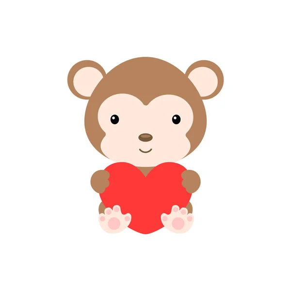 Cute Zabawna Małpa Sercem Białym Tle Kreskówkowy Charakter Zwierząt Gratulacje — Wektor stockowy