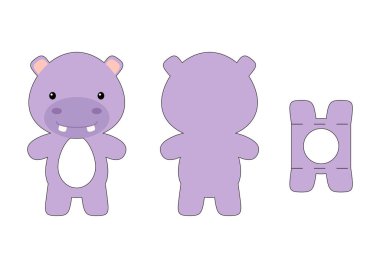 Tatlı çocuk, çikolatalı su aygırını kesmiş. Paskalya yumurtası için karton kutu. Yazdırılabilir renk şeması. Lazer kesim vektör şablonu. İzole edilmiş vektör paketleme tasarımı çizimi.