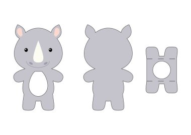 Tatlı çocuk, gergedan çikolatalı yumurta tutacağı kalıbını kesti. Paskalya yumurtası için karton kutu. Yazdırılabilir renk şeması. Lazer kesim vektör şablonu. İzole edilmiş vektör paketleme tasarımı çizimi.