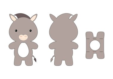 Tatlı çocuk, eşek çikolatalı yumurta tutacağı kalıbını kesmiş. Paskalya yumurtası için karton kutu. Yazdırılabilir renk şeması. Lazer kesim vektör şablonu. İzole edilmiş vektör paketleme tasarımı çizimi.