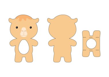 Sevimli ölü deve kesimi çikolatalı yumurta tutacağı şablonu. Paskalya yumurtası için karton kutu. Yazdırılabilir renk şeması. Lazer kesim vektör şablonu. İzole edilmiş vektör paketleme tasarımı çizimi.