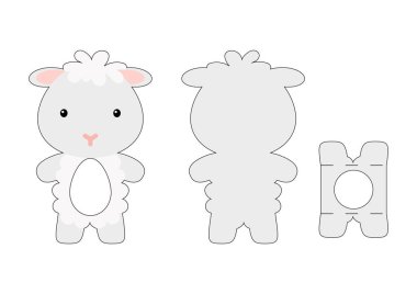 Sevimli ölü koyun kesimi çikolatalı yumurta tutacağı şablonu. Paskalya yumurtası için karton kutu. Yazdırılabilir renk şeması. Lazer kesim vektör şablonu. İzole edilmiş vektör paketleme tasarımı çizimi.