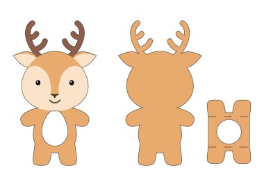 Sevimli ölü geyik çikolatalı yumurta tutacağı şablonu. Paskalya yumurtası için karton kutu. Yazdırılabilir renk şeması. Lazer kesim vektör şablonu. İzole edilmiş vektör paketleme tasarımı çizimi.