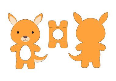 Tatlı çocuk, kanguru dilimli çikolatalı yumurta tutacağı şablonu. Paskalya yumurtası için karton kutu. Yazdırılabilir renk şeması. Lazer kesim vektör şablonu. İzole edilmiş vektör paketleme tasarımı çizimi.