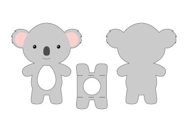 Tatlı çocuk. Koala çikolatalı yumurta tutacağı şablonu. Paskalya yumurtası için karton kutu. Yazdırılabilir renk şeması. Lazer kesim vektör şablonu. İzole edilmiş vektör paketleme tasarımı çizimi.