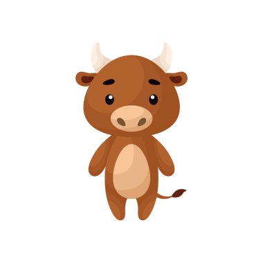 Beyaz arka planda şirin bir boğa. Çocuk kartları için çizgi film karakteri, bebek partisi, doğum günü davetiyesi, ev içi. Çizgi film tarzında parlak renkli çocuksu vektör çizimi.