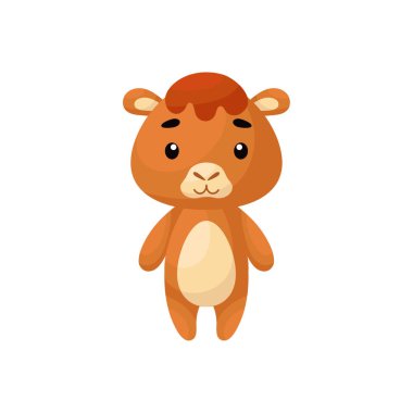 Beyaz arka planda şirin bir deve. Çocuk kartları için çizgi film karakteri, bebek partisi, doğum günü davetiyesi, ev içi. Çizgi film tarzında parlak renkli çocuksu vektör çizimi.