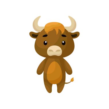 Beyaz arka planda şirin bir misk öküzü. Çocuk kartları için çizgi film karakteri, bebek partisi, doğum günü davetiyesi, ev içi. Çizgi film tarzında parlak renkli çocuksu vektör çizimi.