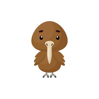 Beyaz arka planda şirin bir kivi kuşu. Çocuk kartları için çizgi film karakteri, bebek partisi, doğum günü davetiyesi, ev içi. Çizgi film tarzında parlak renkli çocuksu vektör çizimi.