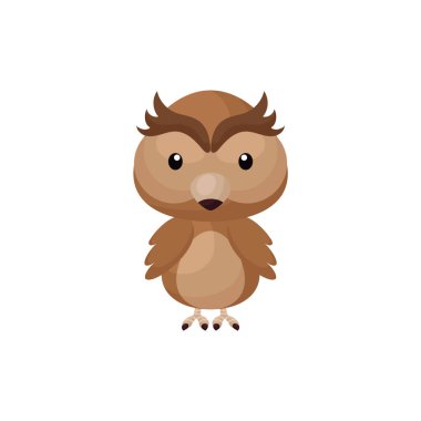 Beyaz arka planda sevimli küçük baykuş. Çocuk kartları için çizgi film karakteri, bebek partisi, doğum günü davetiyesi, ev içi. Çizgi film tarzında parlak renkli çocuksu vektör çizimi.