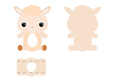 Şirin alpaka çikolatalı yumurta tutacağı şablonu. Paskalya yumurtası için karton kutu. Yazdırılabilir renk şeması. Lazer kesim vektör şablonu. İzole edilmiş ambalaj tasarımı çizimi.