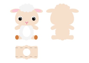 Şirin koyun çikolatalı yumurta tutacağı şablonu. Paskalya yumurtası için karton kutu. Yazdırılabilir renk şeması. Lazer kesim vektör şablonu. İzole edilmiş ambalaj tasarımı çizimi.