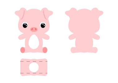 Tatlı domuz çikolatalı yumurta tutacağı şablonu. Paskalya yumurtası için karton kutu. Yazdırılabilir renk şeması. Lazer kesim vektör şablonu. İzole edilmiş ambalaj tasarımı çizimi.