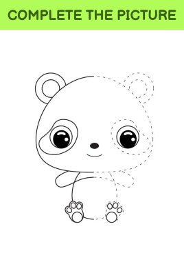 Şirin panda resmi. Boyama kitabı. Nokta kopyalama oyunu. El yazısı pratiği, çizim becerileri eğitimi. Eğitim, basılabilir çalışma tablosu geliştiriyor. Etkinlik sayfası. Vektör illüstrasyonu.